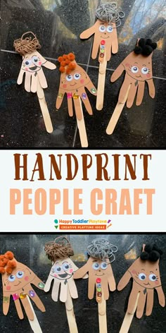 handprint people made out of popsicle sticks with the words, handprint people craft