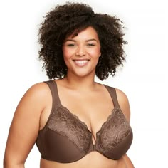 At the intersection of convenience and comfort is this plus-size bra. The secure front clasp goes on and off in a pinch while the cushioned wire never gets close enough to pinch back. Brown Lingerie, Plus Size Bra, Lace Inset, Womens Bras, Full Figured, Stretch Lace, Underwire Bra, Leotards, Fabric Care