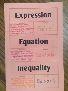 a piece of paper with writing on it that says expression, exponent, 5x3 and 3x4