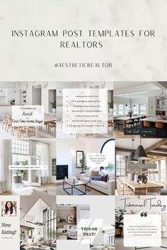 the instagram post templates for realtors are shown in white and beige tones