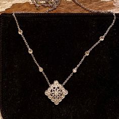 Stunning Vintage Style 14kt White Gold Necklace With One Center Diamond Surrounded By 20 Melee Diamonds, And 3 Diamonds Up Each Side Of The 12” Chain. Purchased In Beverly Hills, Calif. This Piece Is So Feminine... Like A Sparkly Piece Of Lace On Your Neck! My Photography Skills Aren’t The Best So Please Send Me Any Questions! Gold And Diamond Necklace, White Gold Necklace, White Gold Necklaces, Photography Skills, Beverly Hills, Womens Jewelry Necklace, Diamond Necklace, Vintage Style, Gold Necklace