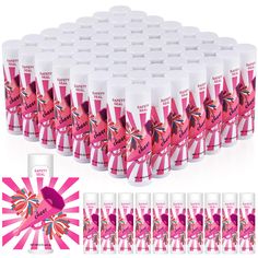 pink and white candy tubes are arranged in a circle with the words sweet toothpaste on them