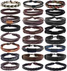 PRICES MAY VARY. Mens Braided Leather Bracelet - 24pcs handmade braided leather bracelets in one pack, including leather bracelet,handmade braided bracelet, black leather bracelet and brown leather bracelet, can easy match your everyday need,the most economical set Quality Materials - These multi-layer leather bracelets are made of high-quality genuine leathe and hemp cords,black and brown leather bracelet built, vintage punk style, 100% handmade, sturdy and comfoetable, not easy to break, bring Adjustable Clothing, Leather Bracelet For Men, Bracelets Adjustable, Diy Leather Projects, Laser Cut Wood Crafts, Leather Bracelets Women, Handmade Leather Bracelets, Brown Leather Bracelet, Black Leather Bracelet