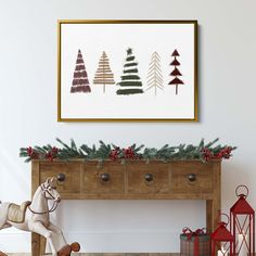 a white horse standing in front of a wooden table with christmas decorations on top of it