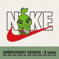 the embroidery design is designed to look like an angry green cartoon character sitting on a red nike logo