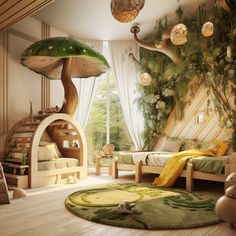 this is a bedroom with mushrooms on the wall and green rugs in front of it