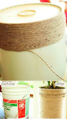 two pictures show how to make a planter with twine