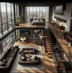 an aerial view of a living room and bedroom area with high ceilings, large couches, coffee table, fireplace, and stairs