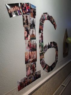 the number 50 made out of photos is displayed on a wall with other pictures and magnets