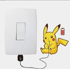 a pikachu plugged in to a white light switch with an electrical outlet