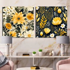 two yellow flowers on black and white wall art