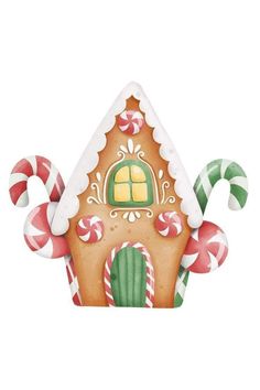 a gingerbread house with candy canes and candies on the outside, painted in watercolor