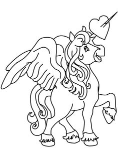 a black and white drawing of a unicorn with wings