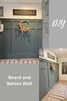 the front and back walls of a home with wooden flooring, blue painted cabinets and striped rugs