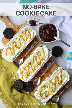 no - bake cookie cake in pans with oreo cookies on the side