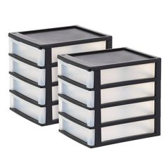 two black and white drawers with lights on them