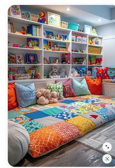 a child's room with bookshelves and stuffed animals