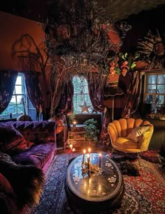 a living room filled with lots of furniture and decor on top of a carpeted floor