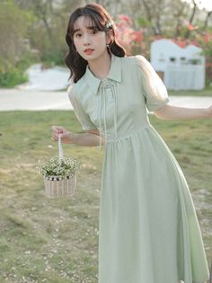 ❤Sheer puff sleeve French ribbon dress❤ Green Dress Summer, Short Sleeve Long Dress, Brown Bridesmaid Dresses, Puff Sleeves Dress, Sleeve Long Dress, French Ribbon, Prom Dresses Yellow, Ribbon Dress, Y2k Dresses