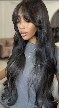 Long Bangs Black Women, Ponytail Layered Haircut, Long Layered Hair Black Women, Fluffy Hair Black Women, Bangstyle Hair Long Black Women, Long Weave Hairstyles For Black Women, Middle Part Bangs Long Hair