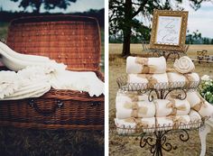 a basket with towels and other items sitting on top of it