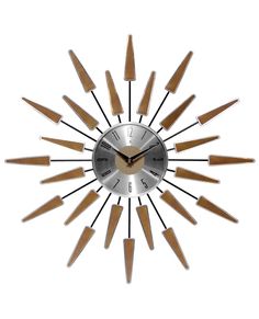 a clock with many wooden arrows on it's face and numbers in the middle