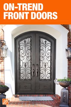 the front door to a house with an orange sign above it that says classic double doors