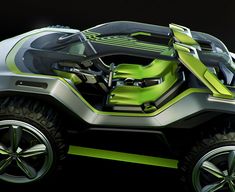 a futuristic car with green interior and black background