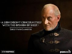 an older man with white hair wearing a black outfit and quote from lord tywin lannister