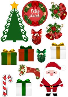 christmas stickers with santa claus, holly wreaths and other holiday decorations on white background