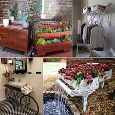 there are four different pictures with flowers in them and one has a piano, the other is a potted planter