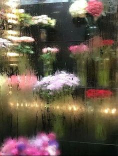 flowers are shown through the rain on a window