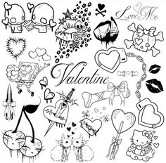 valentine's day doodles with hearts, flowers and other things in black and white