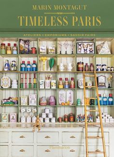 there is a book with many items on the shelves in front of it and a ladder leaning up against the bookshelf