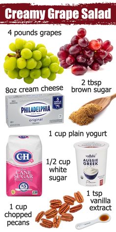 the ingredients for creamy grape salad are shown in this graphic diagram, which includes grapes, yogurt, almonds, and cream cheese