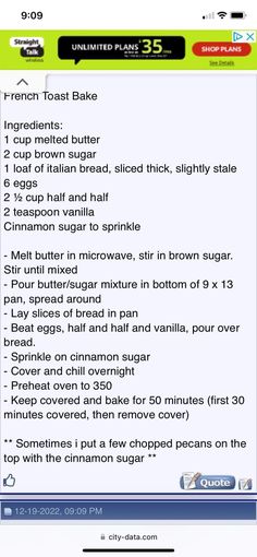 the recipe for french toast cake is displayed on an iphone screen, with instructions to make it