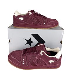 One pair of new in box unisex adult Converse AS-1 Pro Ox CONS Skate Shoes/Sneakers (A06658C). The color is Dark Burgundy/Egret/Gum, and the size is men's US 13 (ftis women's US 14.5) (UK 12, EUR 47.5, CM 31). Specifications: Suede material upper Low top Embossed One Star and AS-1 logo on side Rubbed outsole with stitched accents and Converse spellout CONS logo on back heel Sablone logo on tongue   Shipping: We ship all items within 24 hours excluding weekends and federally recognized holidays. R Converse Low-top Skate Shoes With Laces, Converse Round Toe Skate Shoes For Sports, Converse Mid-top Skate Shoes With Boost Midsole, Converse Skate Shoes With Round Toe For Sports, Converse Skate Shoes With Rubber Sole For Sports, Converse Skate Shoes With Rubber Sole, Converse Lace-up Skate Shoes For Sports, Converse Skate Shoes With Gum Sole For Skateboarding, Converse Skate Shoes With Gum Sole And Round Toe