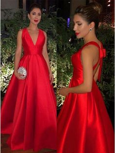 Red Long Dress Elegant, Red Gala Dresses, Red Long Prom Dress, Dresses Graduation, Satin Formal Dress, V Neck Prom Dresses, Graduation Dresses, Gowns With Sleeves