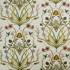 an intricately designed wallpaper with flowers and plants on it's side,