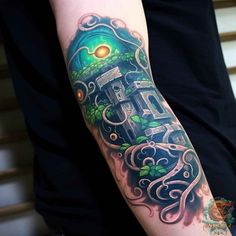 a man with a tattoo on his arm that has an image of a clock in it