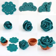 several crocheted flowers and bowls are shown