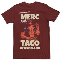 a red t - shirt with the words merc and taco aficinodo on it