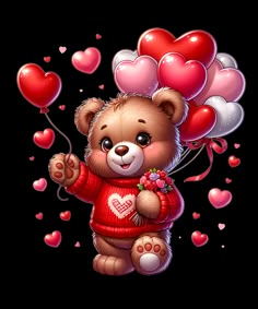 a brown teddy bear holding balloons in the shape of hearts