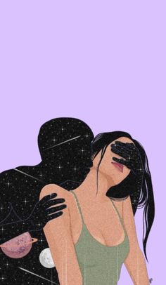 two people hugging each other in front of a purple background with stars and the moon behind them