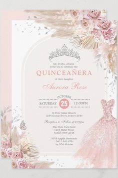 a pink and white wedding card with roses, feathers and a tiara on it