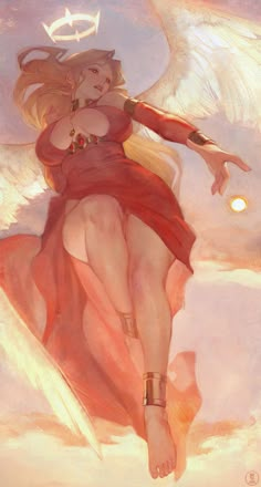 a painting of an angel sitting on top of a cloud filled sky with her arms outstretched