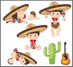 a set of children wearing sombreros and playing guitar, sitting in front of a cactus