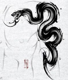 a black and white drawing of a snake's head with ink splots