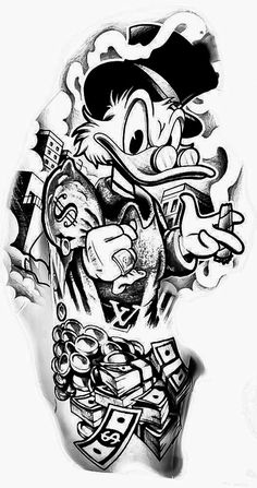 an ink drawing of goofy duck with money around his neck and hands in the air