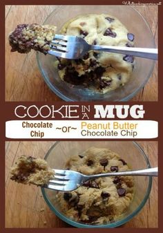 two pictures of cookie in mugs with spoon and fork